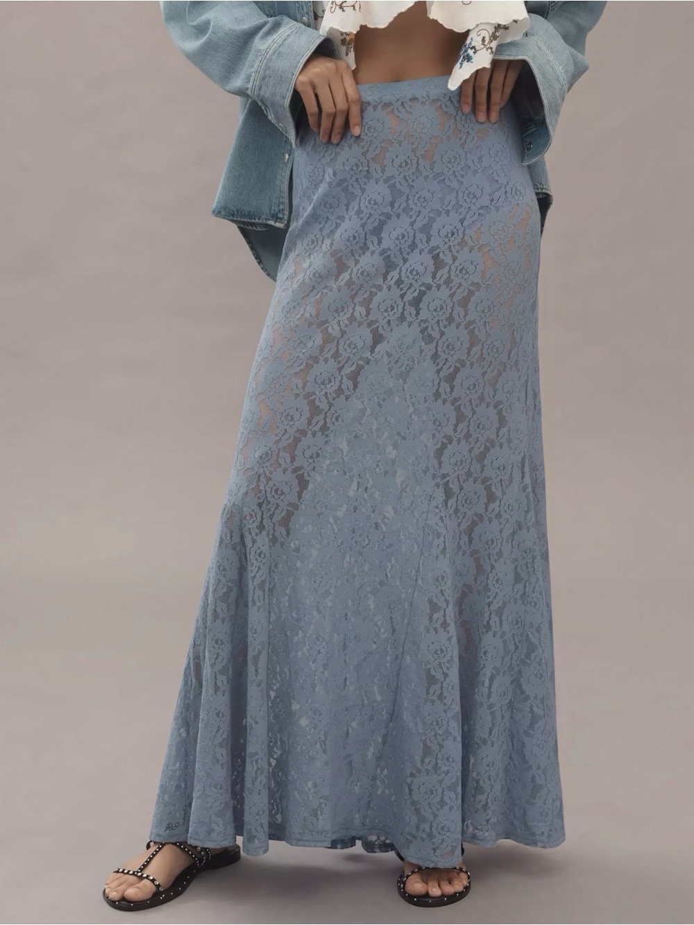 By Anthropologie Sheer Tiered Lace Floral Maxi Skirt size M